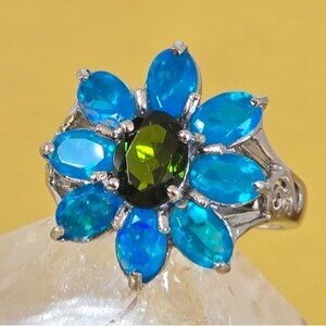 925 Sterling Silver Ring With Natural Chrome Diopside & Blue Opal Gemstones